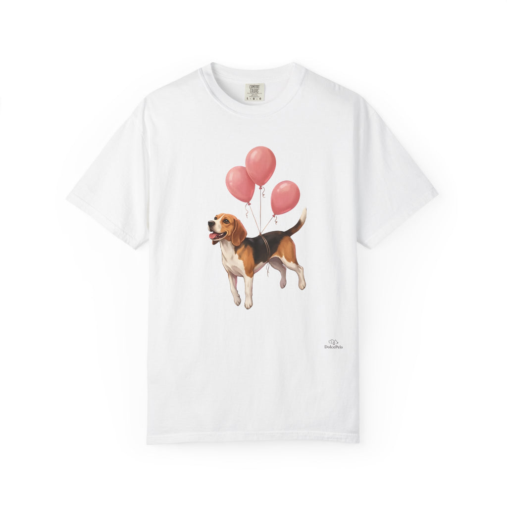 Beagle lifted into the air by three pink helium balloons tied around its torso, painterly illustration style, tongue out and tail raised