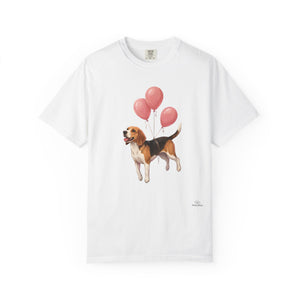 Beagle lifted into the air by three pink helium balloons tied around its torso, painterly illustration style, tongue out and tail raised