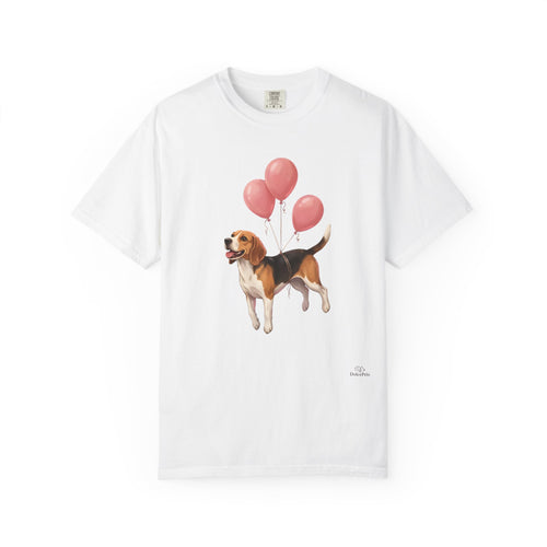 Beagle lifted into the air by three pink helium balloons tied around its torso, painterly illustration style, tongue out and tail raised