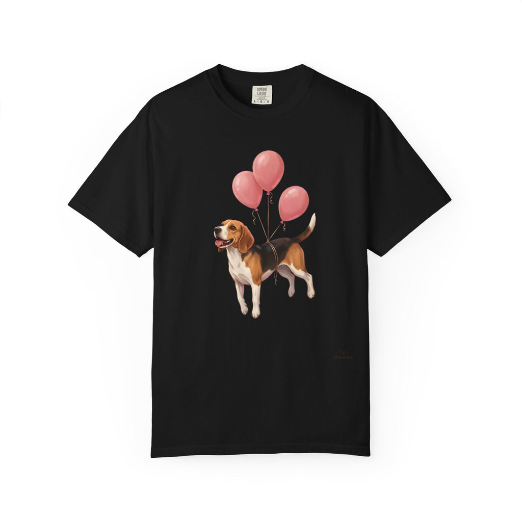 Beagle lifted into the air by three pink helium balloons tied around its torso, painterly illustration style, tongue out and tail raised