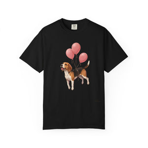Beagle lifted into the air by three pink helium balloons tied around its torso, painterly illustration style, tongue out and tail raised