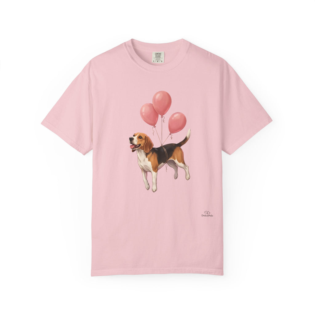 Beagle lifted into the air by three pink helium balloons tied around its torso, painterly illustration style, tongue out and tail raised