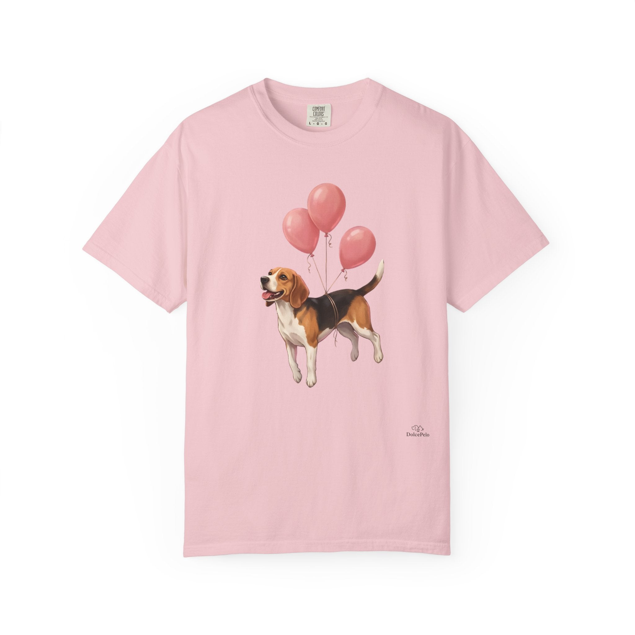 Beagle lifted into the air by three pink helium balloons tied around its torso, painterly illustration style, tongue out and tail raised