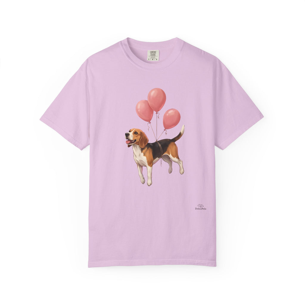 Beagle lifted into the air by three pink helium balloons tied around its torso, painterly illustration style, tongue out and tail raised