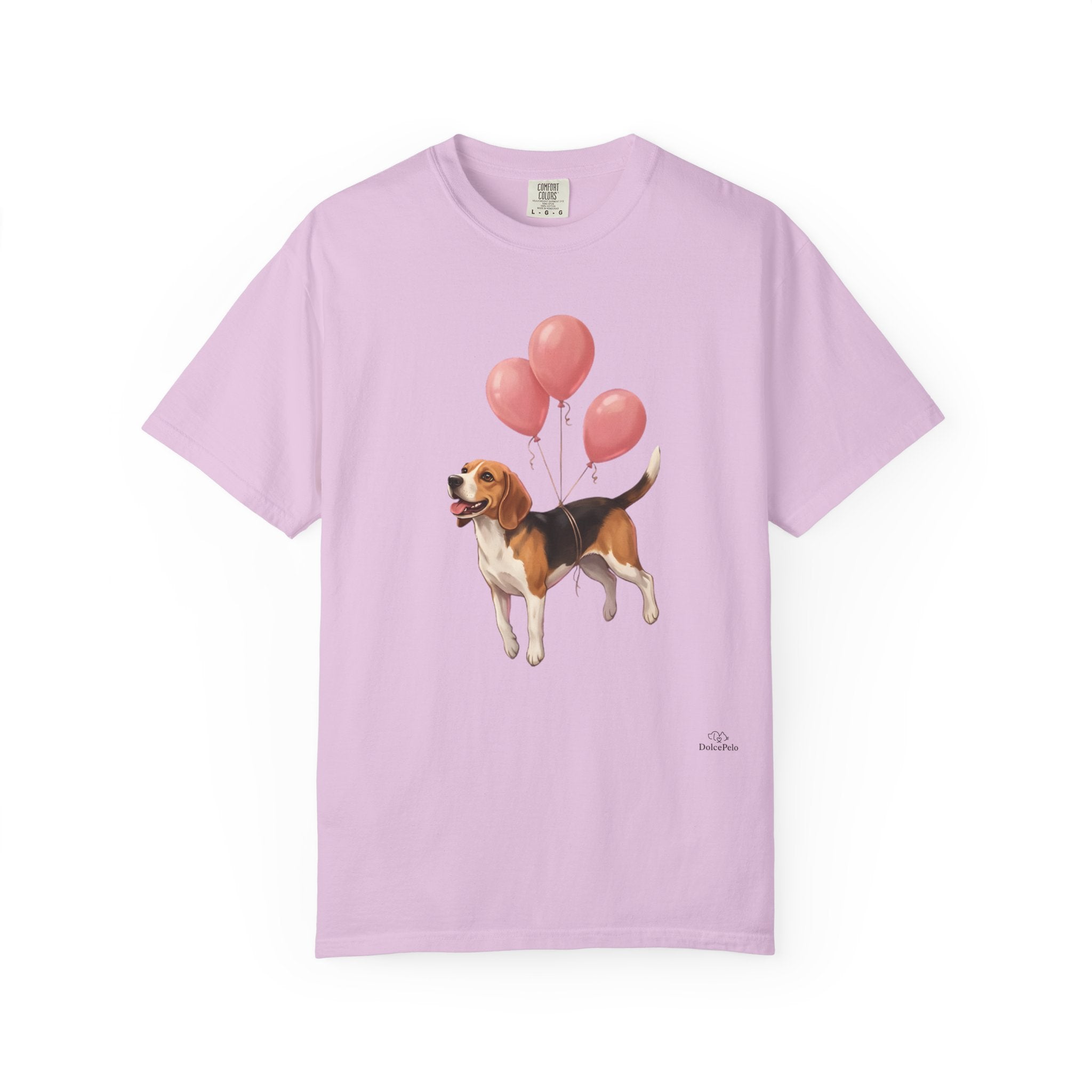 Beagle lifted into the air by three pink helium balloons tied around its torso, painterly illustration style, tongue out and tail raised