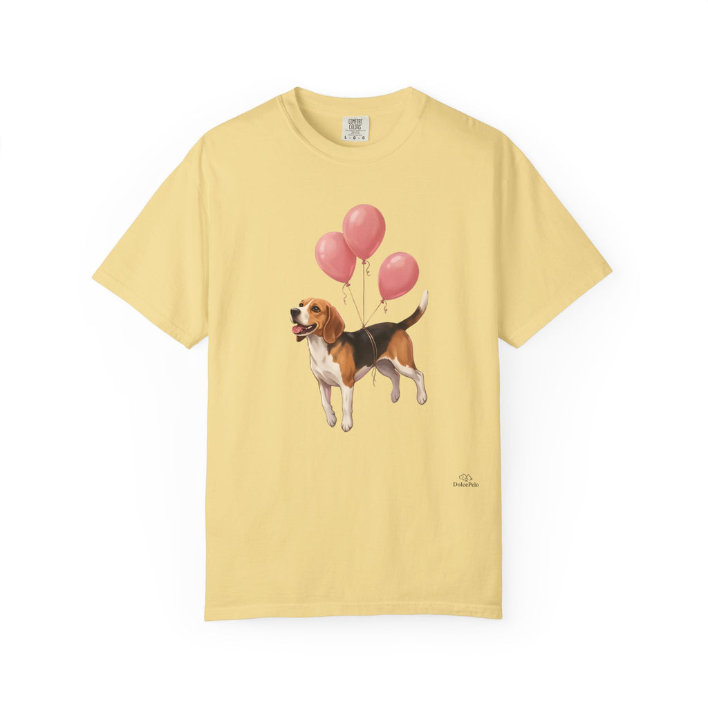 Beagle lifted into the air by three pink helium balloons tied around its torso, painterly illustration style, tongue out and tail raised