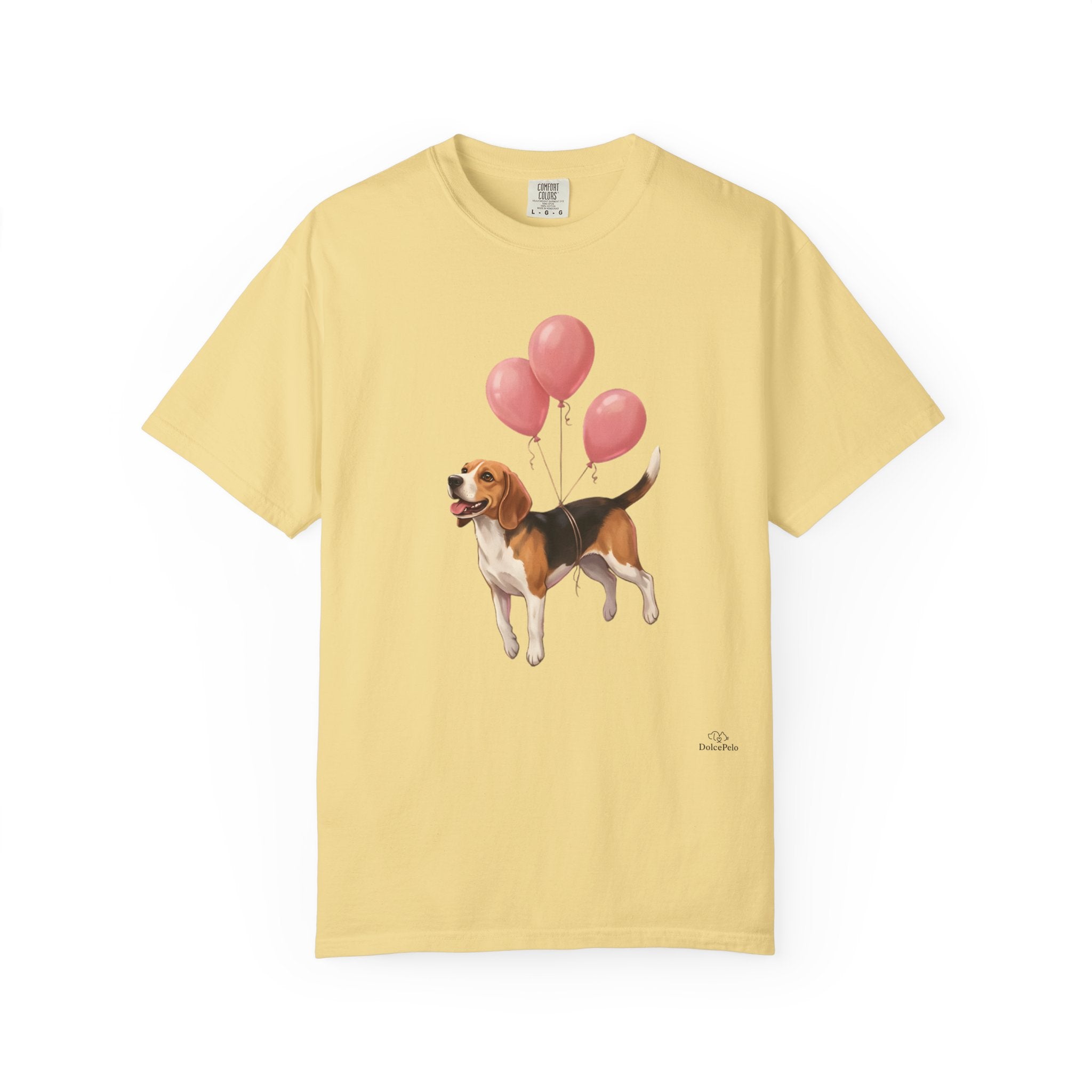 Beagle lifted into the air by three pink helium balloons tied around its torso, painterly illustration style, tongue out and tail raised