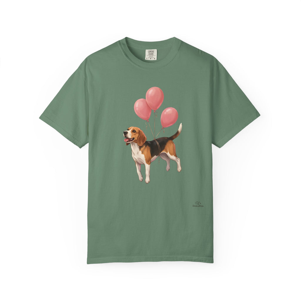 Beagle lifted into the air by three pink helium balloons tied around its torso, painterly illustration style, tongue out and tail raised