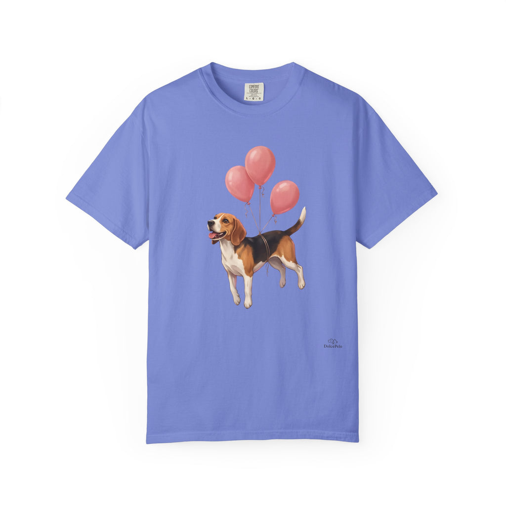 Beagle lifted into the air by three pink helium balloons tied around its torso, painterly illustration style, tongue out and tail raised