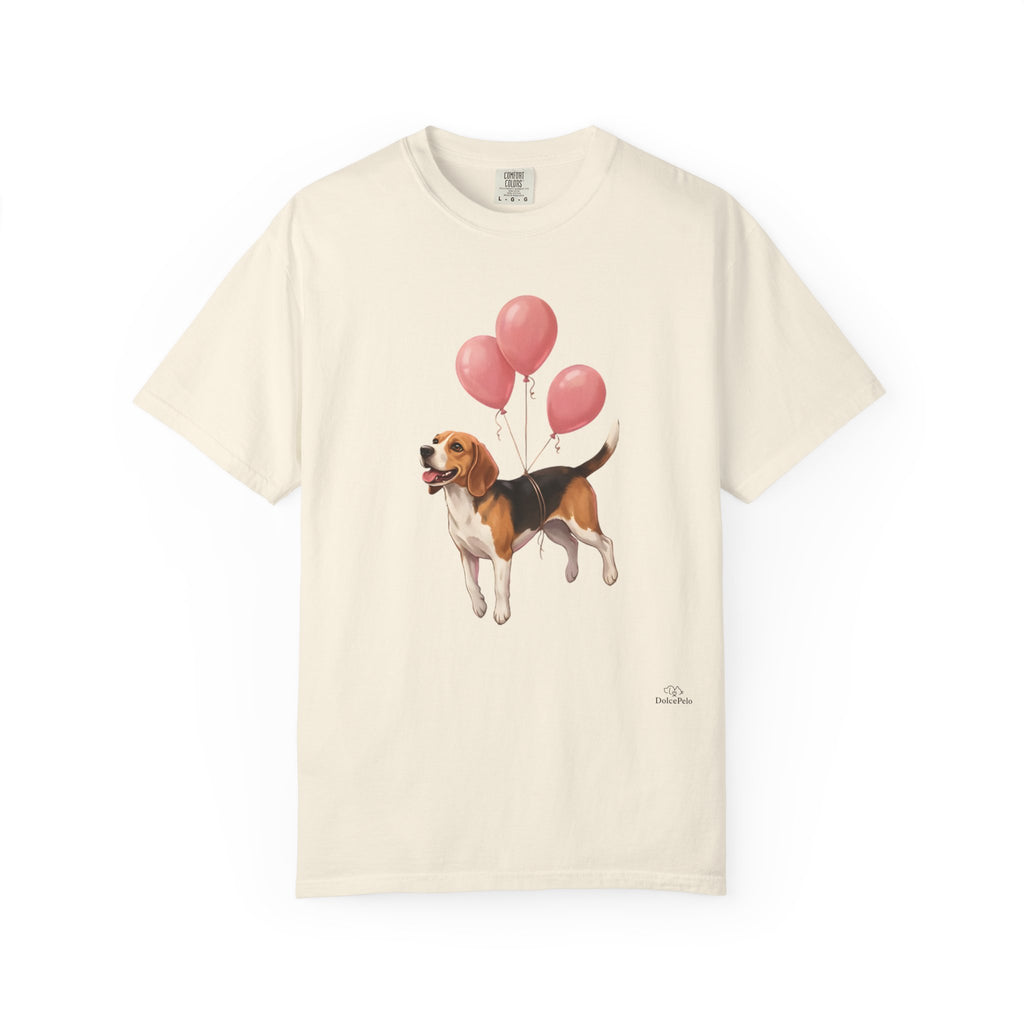 Beagle lifted into the air by three pink helium balloons tied around its torso, painterly illustration style, tongue out and tail raised
