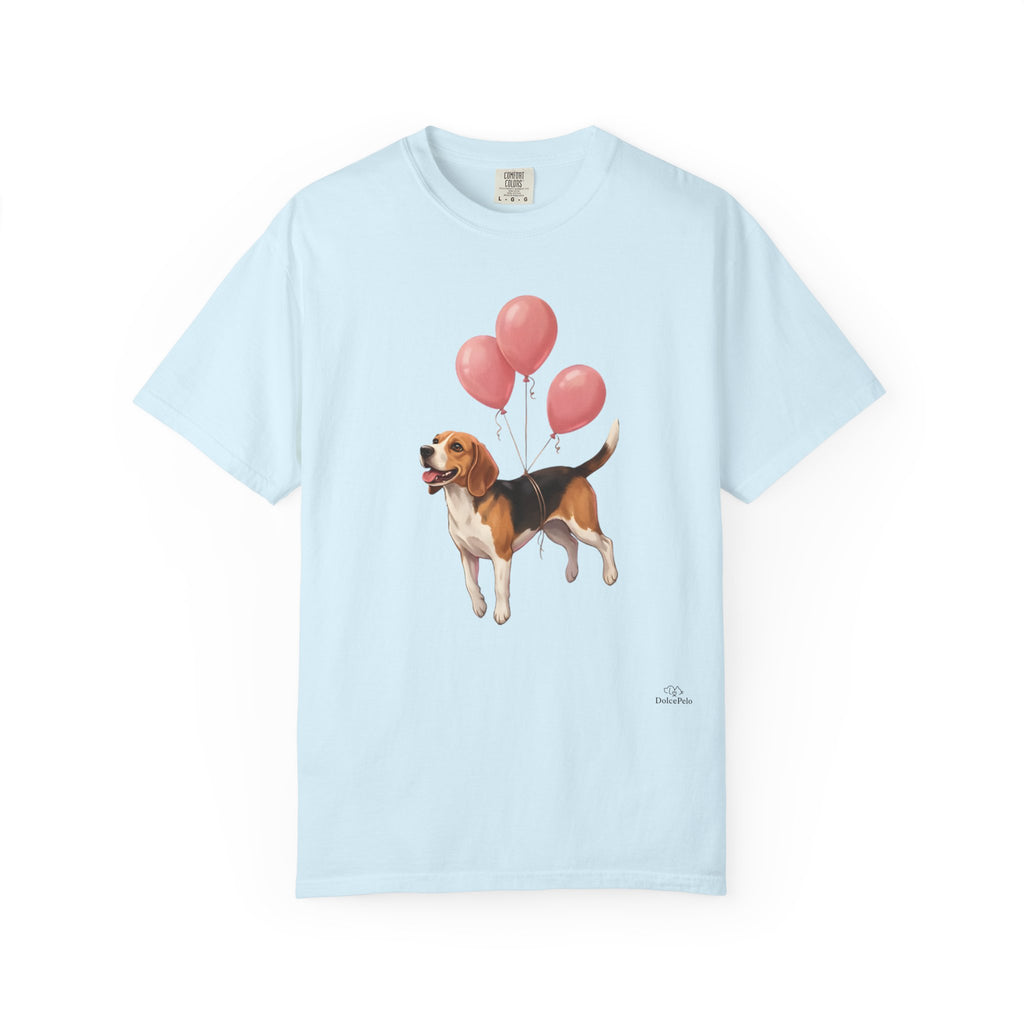 Beagle lifted into the air by three pink helium balloons tied around its torso, painterly illustration style, tongue out and tail raised
