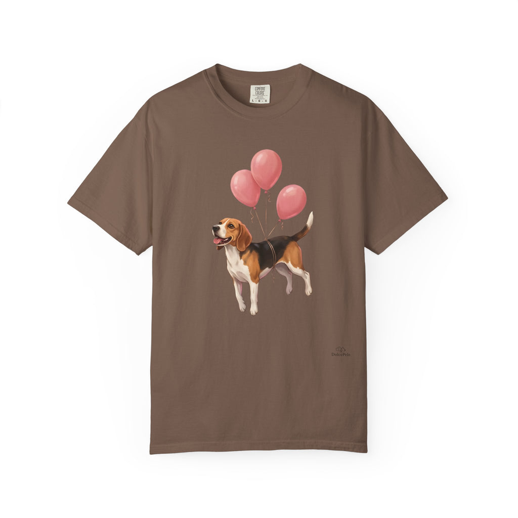 Beagle lifted into the air by three pink helium balloons tied around its torso, painterly illustration style, tongue out and tail raised